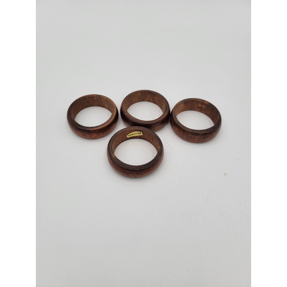 Set Of 4 Vintage Wooden Napkin Rings Smooth Round Narrow Skinny Brown Rustic